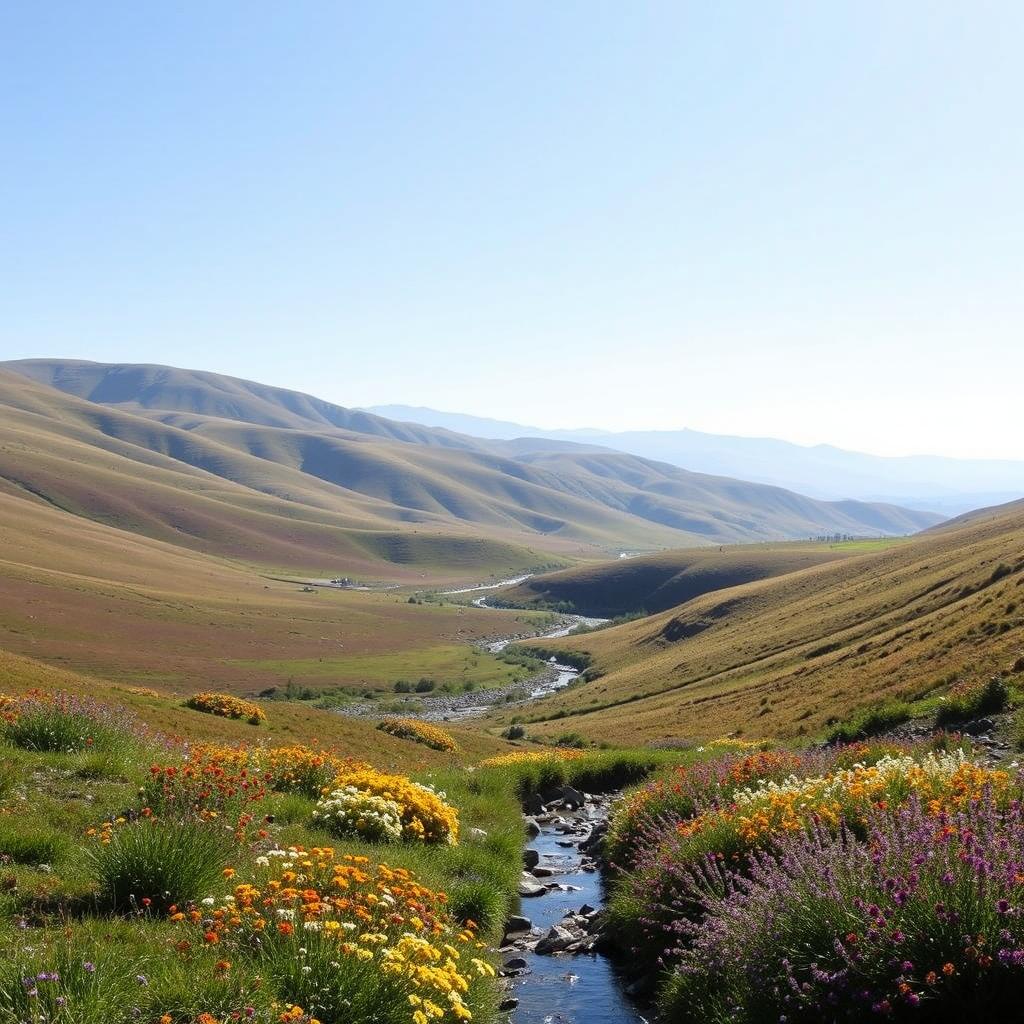 A serene landscape with gently rolling hills and a clear blue sky