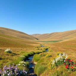 A serene landscape with gently rolling hills and a clear blue sky