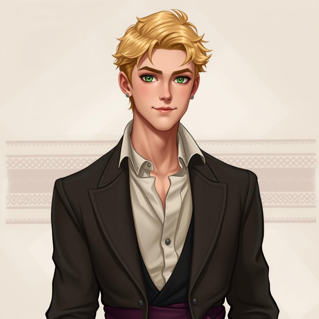 Create a detailed portrait of Raymond Saint, a 22-year-old loyal advisor to the Prince of Java