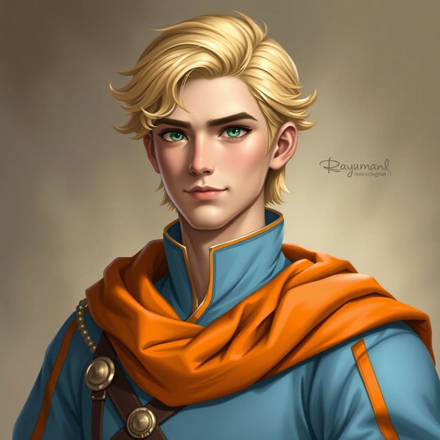 Create a medieval-style portrait of Raymond Saint, a 22-year-old loyal advisor to the Prince of Java