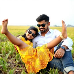 A cute Indian boy and a 16-year-old Indian girl wearing sunglasses are playfully in a paddy field with plants