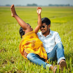 A cute Indian boy and a 16-year-old Indian girl wearing sunglasses are playfully in a paddy field with plants