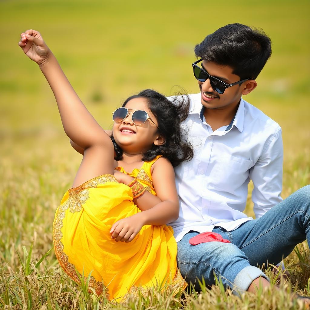 A cute Indian boy and a 16-year-old Indian girl wearing sunglasses are playfully in a paddy field with plants