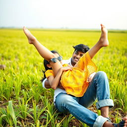 A cute Indian boy and a 16-year-old Indian girl wearing sunglasses are playfully in a paddy field with plants