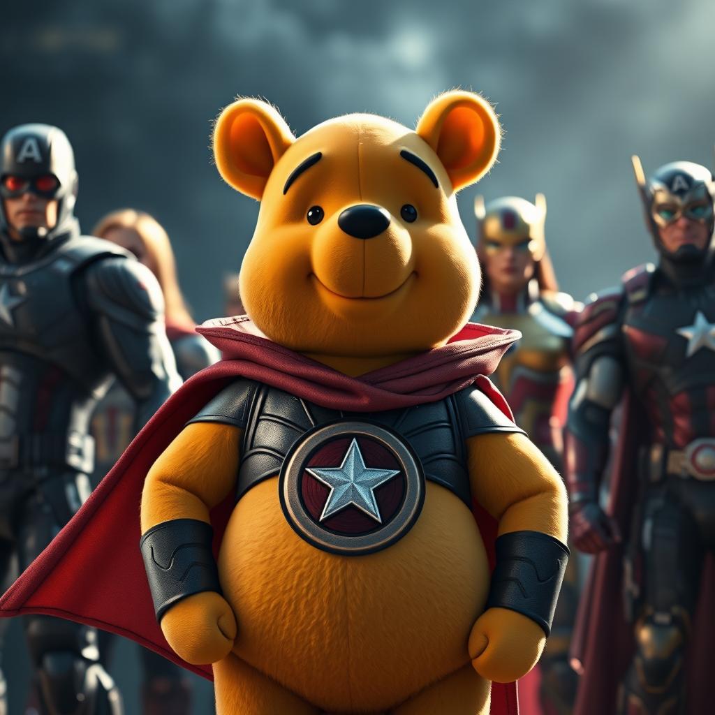 Winnie the Pooh depicted as a superhero, wearing a costume with a cape and emblem, standing alongside Avengers team members