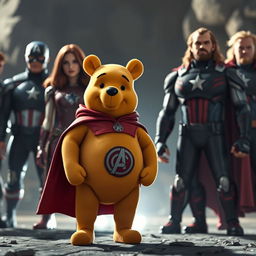 Winnie the Pooh depicted as a superhero, wearing a costume with a cape and emblem, standing alongside Avengers team members