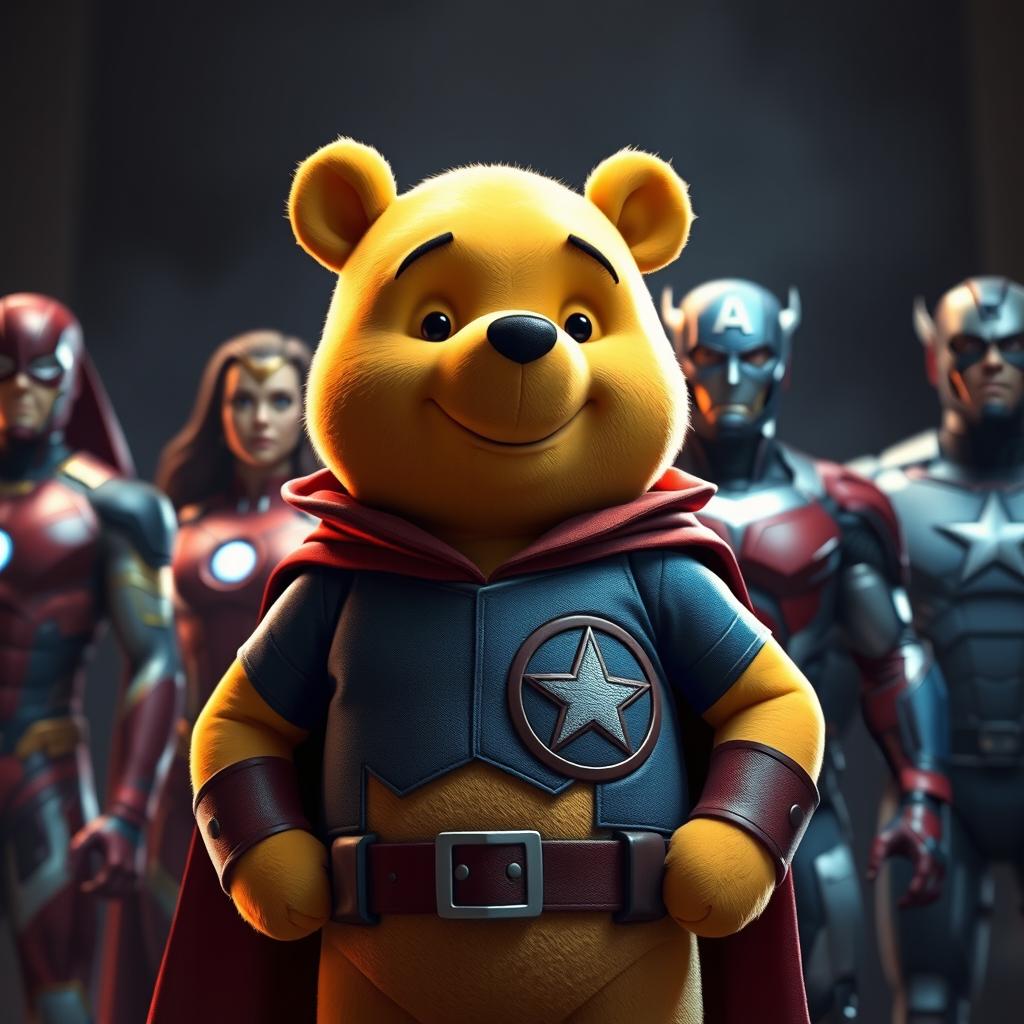 Winnie the Pooh depicted as a superhero, wearing a costume with a cape and emblem, standing alongside Avengers team members