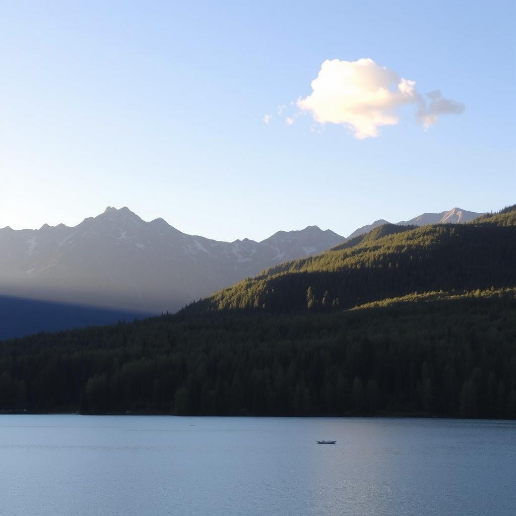 A beautiful landscape featuring a serene lake surrounded by lush green forests and majestic mountains in the background