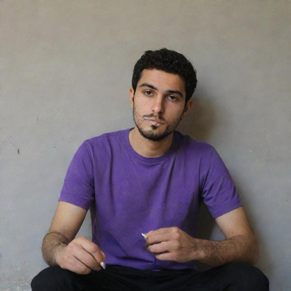 A 25-year-old Iranian man in a purple t-shirt and black pants, sitting behind a wall, smoking in a contemplative manner.