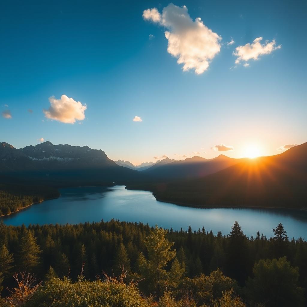 A beautiful landscape featuring a serene lake surrounded by lush green forests and majestic mountains in the background