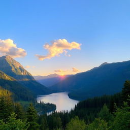 A beautiful landscape featuring a serene lake surrounded by lush green forests and majestic mountains in the background