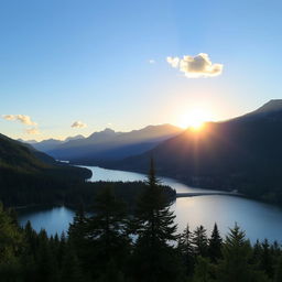 A beautiful landscape featuring a serene lake surrounded by lush green forests and majestic mountains in the background