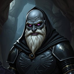 A bald, friendly raven queen paladin duergar with black skin, heavily white bearded, and purple eyes