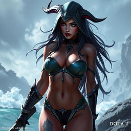 Phantom Assassin from Dota 2 depicted in a bikini, with a focus on a sexy and alluring appearance