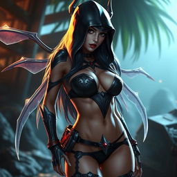 Phantom Assassin from Dota 2 depicted in a bikini, with a focus on a sexy and alluring appearance