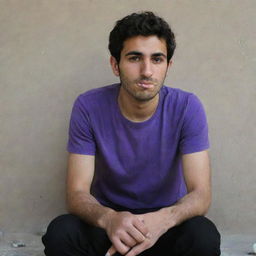 A 25-year-old Iranian man in a purple t-shirt and black pants, sitting behind a wall, smoking in a contemplative manner.