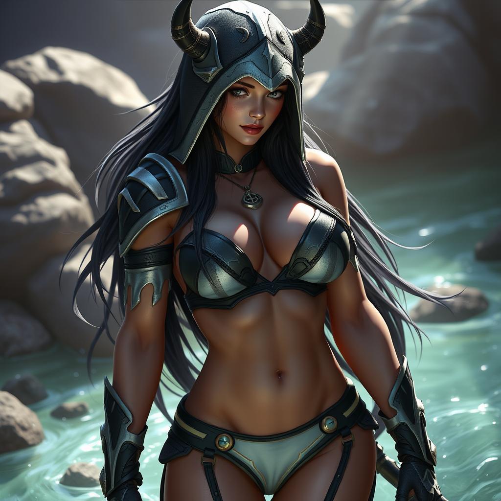 Phantom Assassin from Dota 2 depicted in a bikini, with a focus on a sexy and alluring appearance