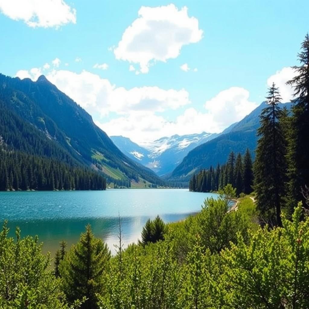 A beautiful landscape featuring a serene lake surrounded by lush green trees and majestic mountains in the background, with a clear blue sky and fluffy white clouds