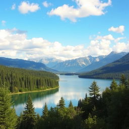 A beautiful landscape featuring a serene lake surrounded by lush green trees and majestic mountains in the background, with a clear blue sky and fluffy white clouds