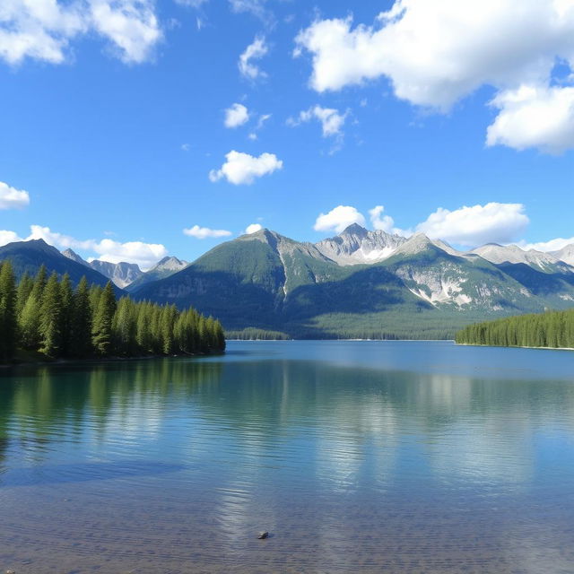 A beautiful landscape featuring a serene lake surrounded by lush green trees and majestic mountains in the background, with a clear blue sky and fluffy white clouds