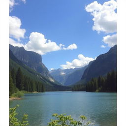 A beautiful landscape featuring a serene lake surrounded by lush green trees and majestic mountains in the background, with a clear blue sky and fluffy white clouds