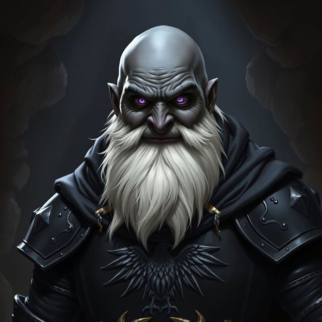 A friendly raven queen paladin duergar with black skin, bald head, and a heavily white beard