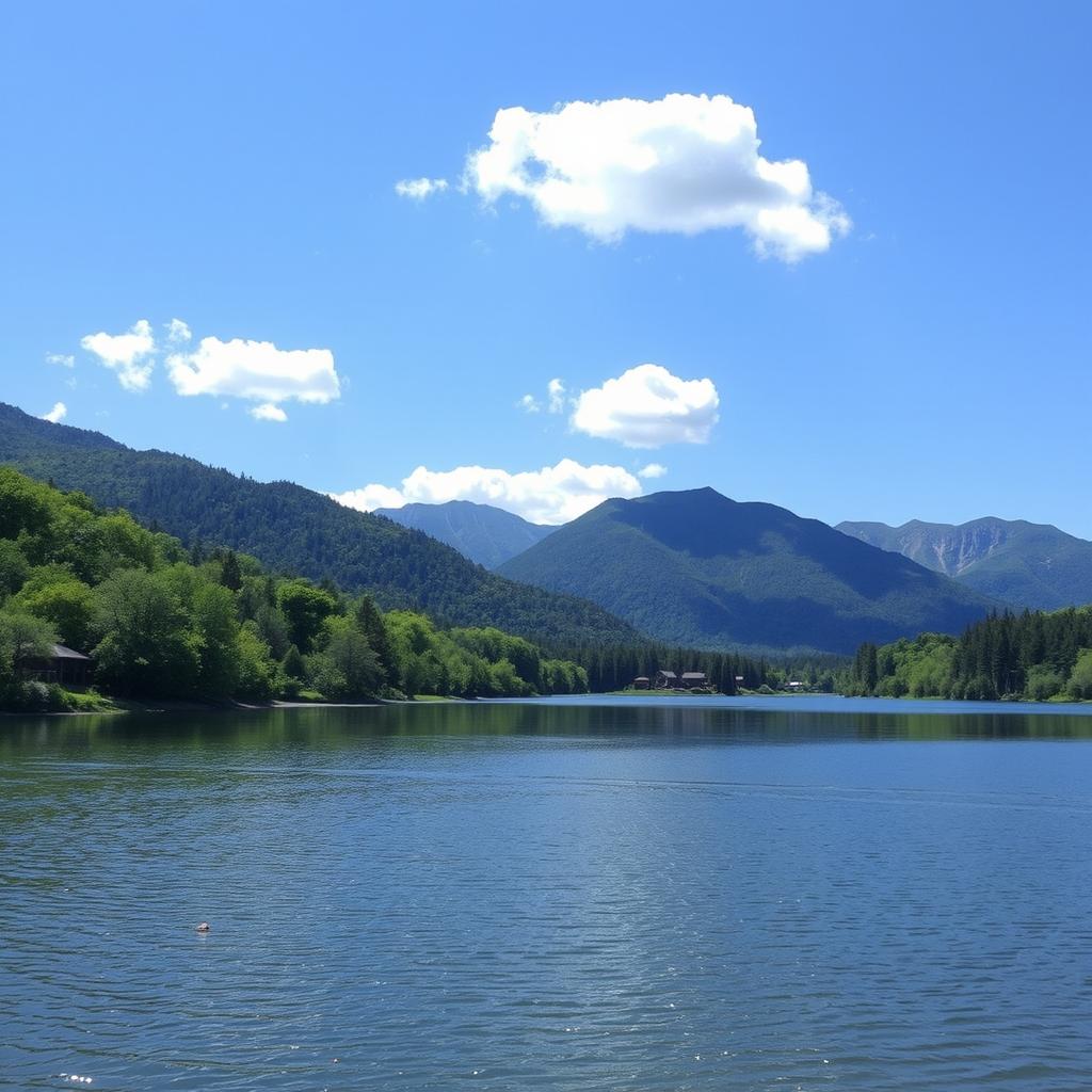 A serene landscape featuring a calm lake surrounded by lush green trees and mountains in the background under a clear blue sky with a few fluffy white clouds