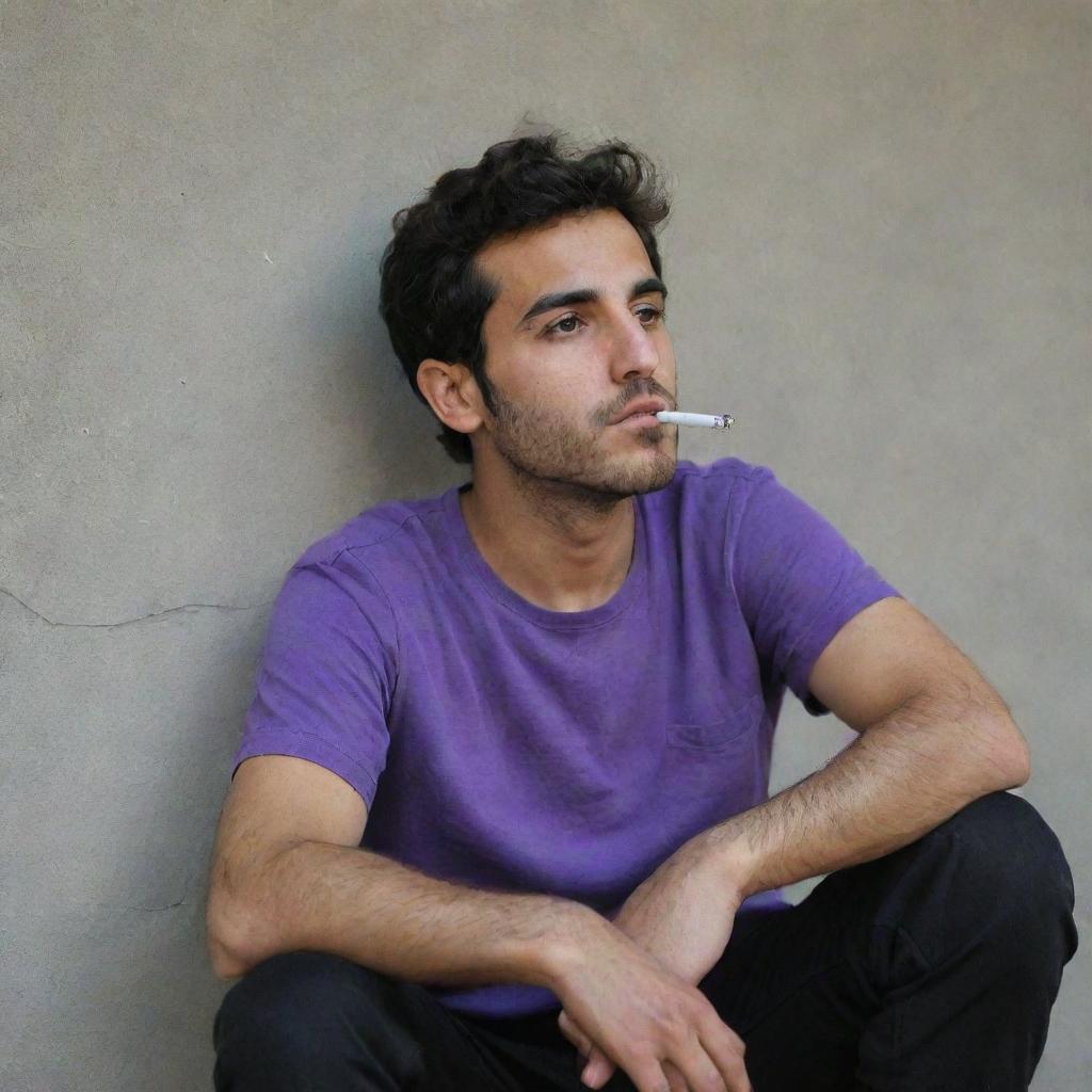 A 25-year-old Iranian man in a purple t-shirt and black pants, sitting behind a wall, smoking in a contemplative manner.