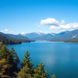 A serene landscape featuring a calm lake surrounded by lush green trees and mountains in the background under a clear blue sky with a few fluffy white clouds