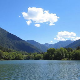 A serene landscape featuring a calm lake surrounded by lush green trees and mountains in the background under a clear blue sky with a few fluffy white clouds