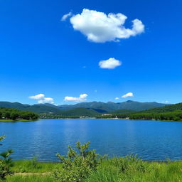 A serene landscape featuring a calm lake surrounded by lush green trees and mountains in the background under a clear blue sky with a few fluffy white clouds