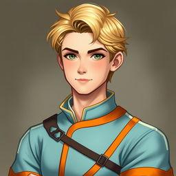 Create a medieval-style portrait of Raymond Saint, a 22-year-old loyal advisor to the Prince of Java