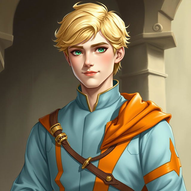 Create a medieval-style portrait of Raymond Saint, a 22-year-old loyal advisor to the Prince of Java