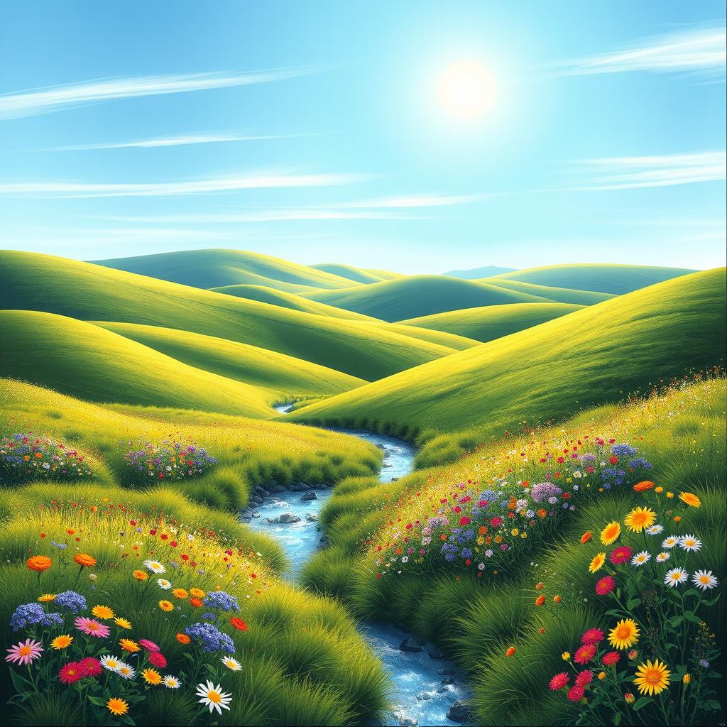 Create a realistic landscape with rolling hills, a clear blue sky, and a bright sun