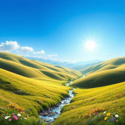 Create a realistic landscape with rolling hills, a clear blue sky, and a bright sun