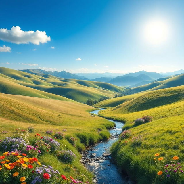 Create a realistic landscape with rolling hills, a clear blue sky, and a bright sun