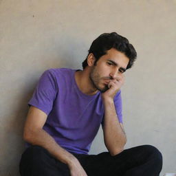 A 25-year-old Iranian man in a purple t-shirt and black pants, sitting behind a wall, smoking in a contemplative manner.