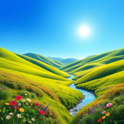 Create a realistic landscape with rolling hills, a clear blue sky, and a bright sun