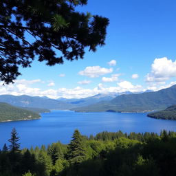 A beautiful landscape featuring a serene lake surrounded by lush green trees and mountains in the background, with a clear blue sky and fluffy white clouds