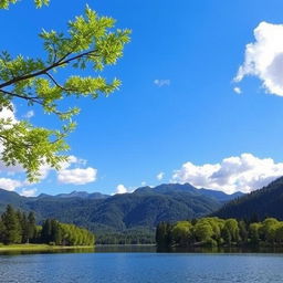 A beautiful landscape featuring a serene lake surrounded by lush green trees and mountains in the background, with a clear blue sky and fluffy white clouds