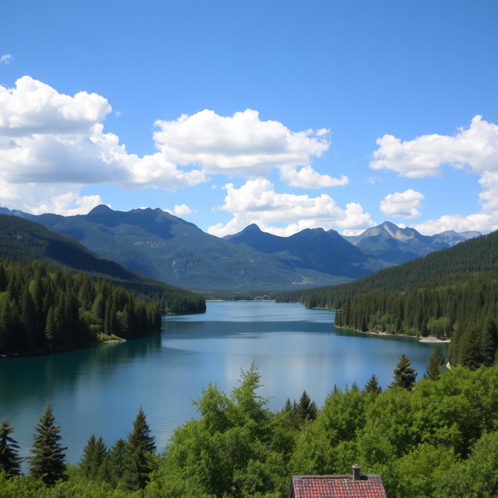 A beautiful landscape featuring a serene lake surrounded by lush green trees and mountains in the background, with a clear blue sky and fluffy white clouds