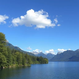 A beautiful landscape featuring a serene lake surrounded by lush green trees and mountains in the background, with a clear blue sky and fluffy white clouds