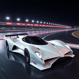 A futuristic supercar inspired by 1990s Group C racecars and Le Mans prototypes, featuring a sleek white color and a long tail design