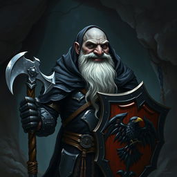 A raven queen paladin duergar with black skin, a bald head, and a heavily white beard