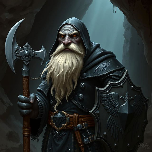 A raven queen paladin duergar with black skin, a bald head, and a heavily white beard