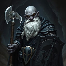 A raven queen paladin duergar with black skin, a bald head, and a heavily white beard