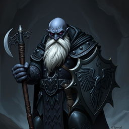 A raven queen paladin duergar with black skin, a bald head, and a heavily white beard