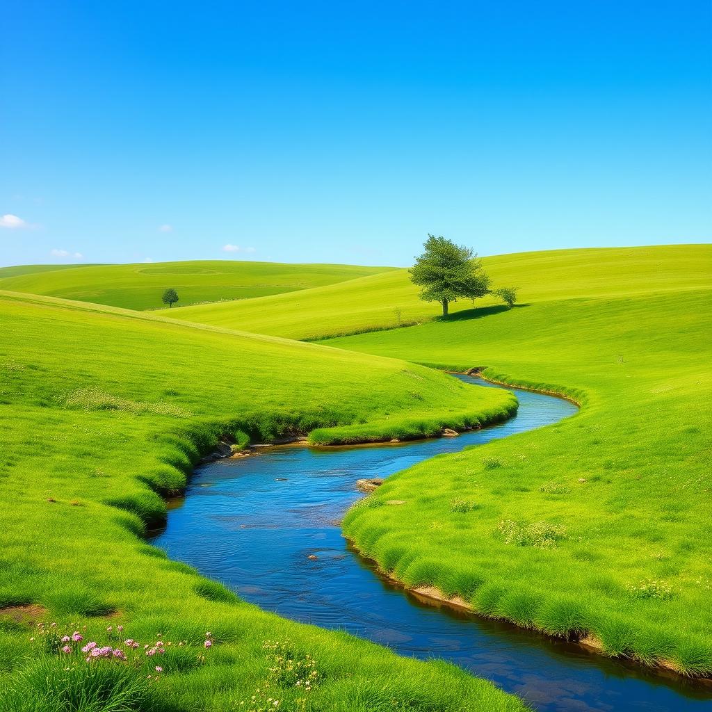 Generate an image of a serene landscape with a clear blue sky, lush green meadows, and a gentle river flowing through the scene