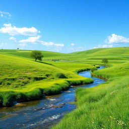 Generate an image of a serene landscape with a clear blue sky, lush green meadows, and a gentle river flowing through the scene