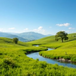 Generate an image of a serene landscape with a clear blue sky, lush green meadows, and a gentle river flowing through the scene